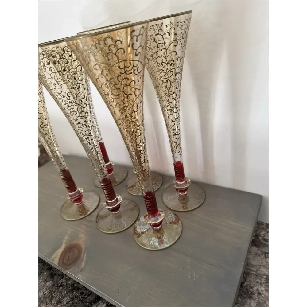 Pier 1 Rioja Hand Blown Champagne Flutes Ruby Red Stem Gold Scroll Set Of 6 Rare